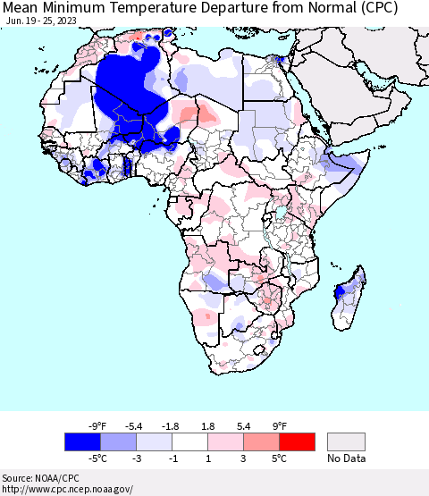 Africa Mean Minimum Temperature Departure from Normal (CPC) Thematic Map For 6/19/2023 - 6/25/2023