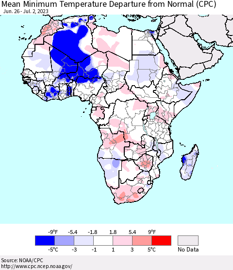Africa Mean Minimum Temperature Departure from Normal (CPC) Thematic Map For 6/26/2023 - 7/2/2023