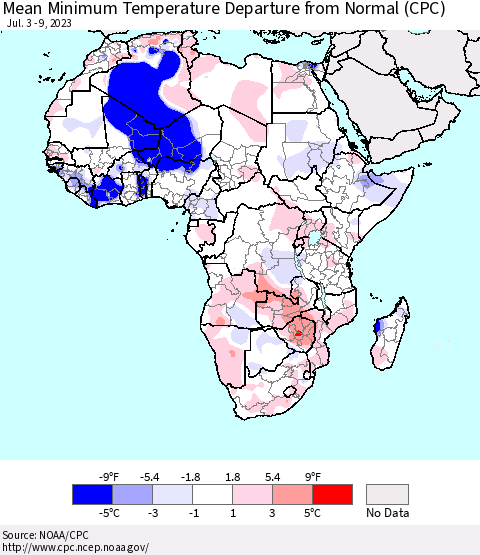 Africa Mean Minimum Temperature Departure from Normal (CPC) Thematic Map For 7/3/2023 - 7/9/2023