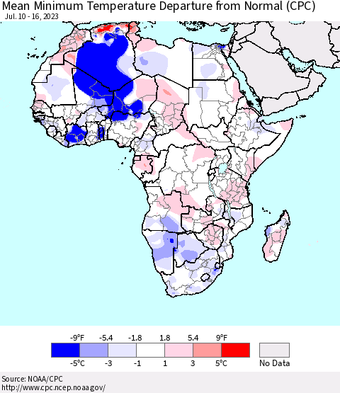Africa Mean Minimum Temperature Departure from Normal (CPC) Thematic Map For 7/10/2023 - 7/16/2023