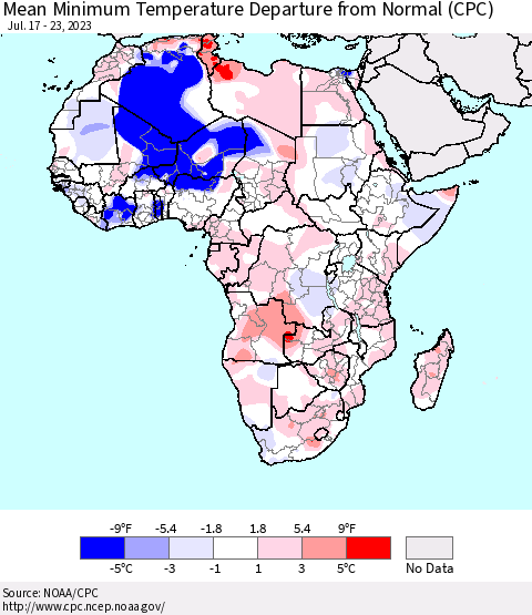 Africa Mean Minimum Temperature Departure from Normal (CPC) Thematic Map For 7/17/2023 - 7/23/2023