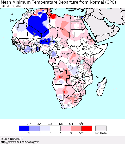 Africa Mean Minimum Temperature Departure from Normal (CPC) Thematic Map For 7/24/2023 - 7/30/2023