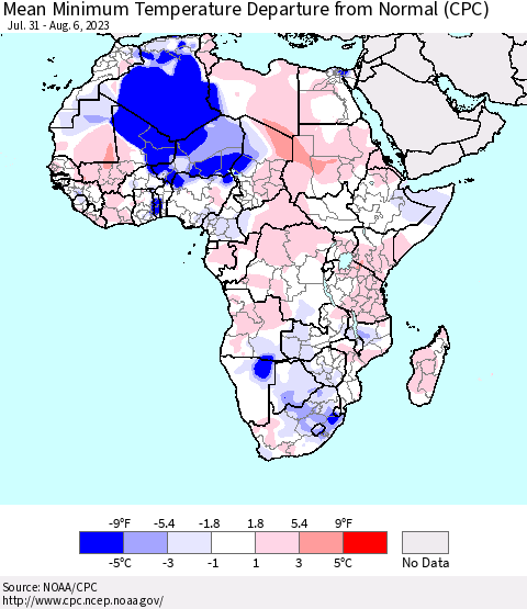 Africa Mean Minimum Temperature Departure from Normal (CPC) Thematic Map For 7/31/2023 - 8/6/2023