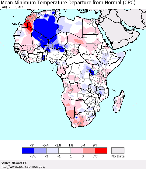 Africa Mean Minimum Temperature Departure from Normal (CPC) Thematic Map For 8/7/2023 - 8/13/2023