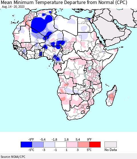 Africa Mean Minimum Temperature Departure from Normal (CPC) Thematic Map For 8/14/2023 - 8/20/2023