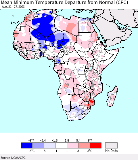 Africa Mean Minimum Temperature Departure from Normal (CPC) Thematic Map For 8/21/2023 - 8/27/2023