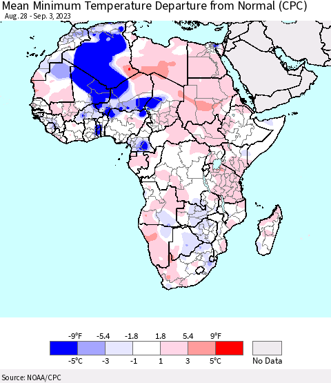 Africa Mean Minimum Temperature Departure from Normal (CPC) Thematic Map For 8/28/2023 - 9/3/2023