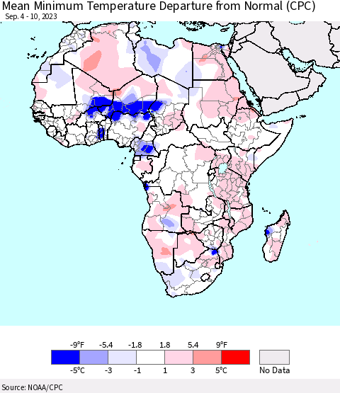 Africa Mean Minimum Temperature Departure from Normal (CPC) Thematic Map For 9/4/2023 - 9/10/2023