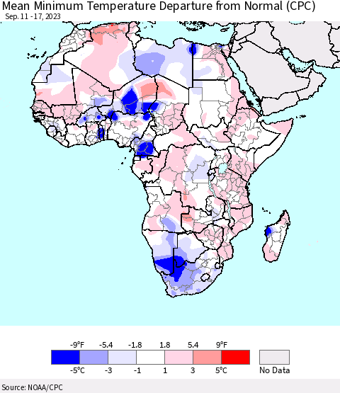 Africa Mean Minimum Temperature Departure from Normal (CPC) Thematic Map For 9/11/2023 - 9/17/2023