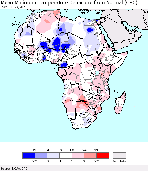 Africa Mean Minimum Temperature Departure from Normal (CPC) Thematic Map For 9/18/2023 - 9/24/2023