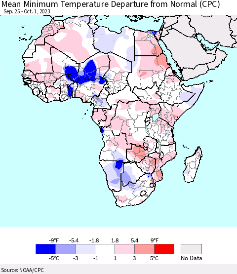 Africa Mean Minimum Temperature Departure from Normal (CPC) Thematic Map For 9/25/2023 - 10/1/2023