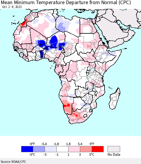 Africa Mean Minimum Temperature Departure from Normal (CPC) Thematic Map For 10/2/2023 - 10/8/2023