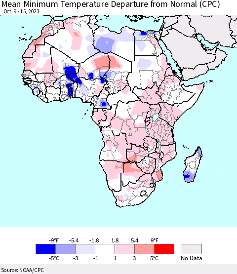 Africa Mean Minimum Temperature Departure from Normal (CPC) Thematic Map For 10/9/2023 - 10/15/2023