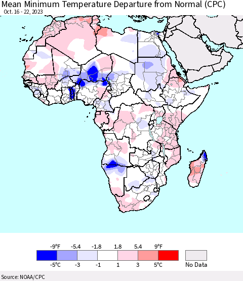 Africa Mean Minimum Temperature Departure from Normal (CPC) Thematic Map For 10/16/2023 - 10/22/2023