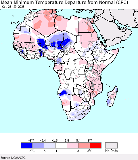 Africa Mean Minimum Temperature Departure from Normal (CPC) Thematic Map For 10/23/2023 - 10/29/2023