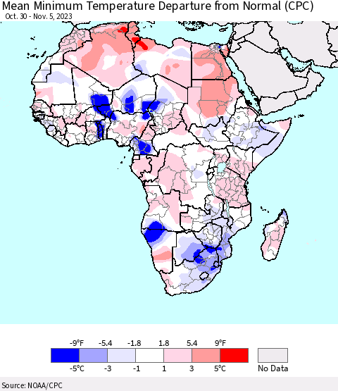 Africa Mean Minimum Temperature Departure from Normal (CPC) Thematic Map For 10/30/2023 - 11/5/2023