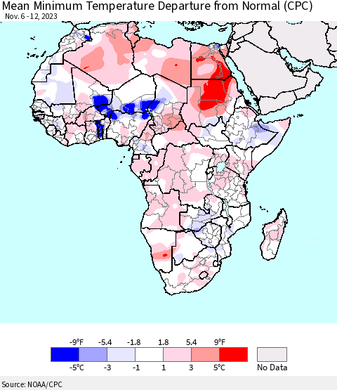 Africa Mean Minimum Temperature Departure from Normal (CPC) Thematic Map For 11/6/2023 - 11/12/2023