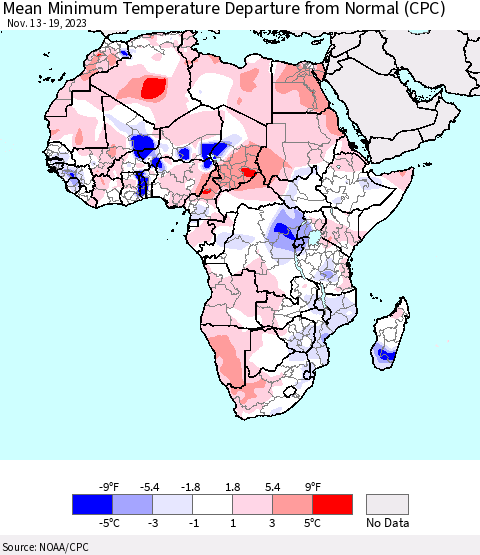 Africa Mean Minimum Temperature Departure from Normal (CPC) Thematic Map For 11/13/2023 - 11/19/2023