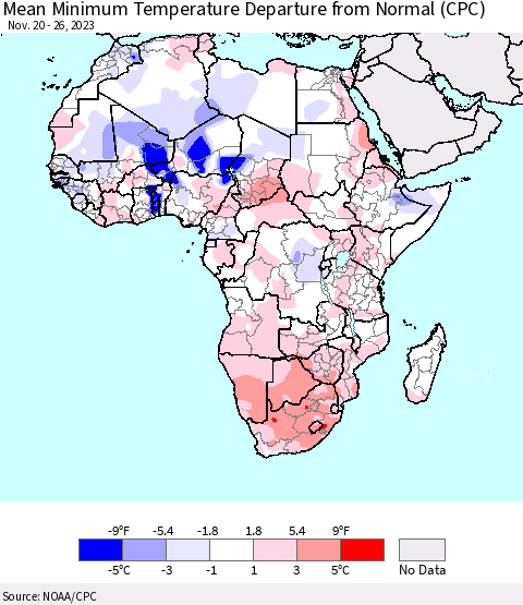 Africa Mean Minimum Temperature Departure from Normal (CPC) Thematic Map For 11/20/2023 - 11/26/2023