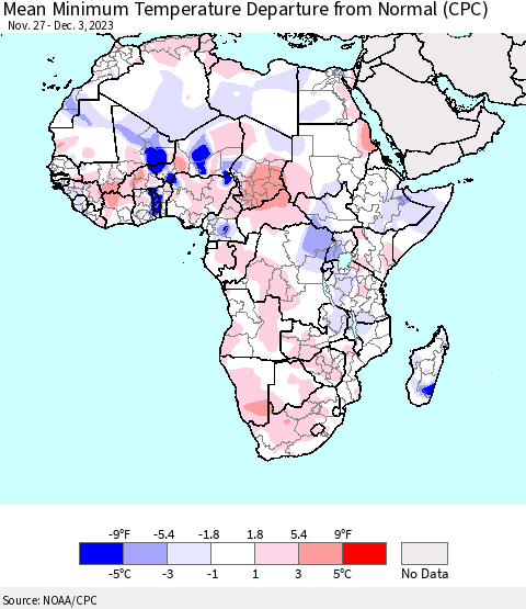 Africa Mean Minimum Temperature Departure from Normal (CPC) Thematic Map For 11/27/2023 - 12/3/2023