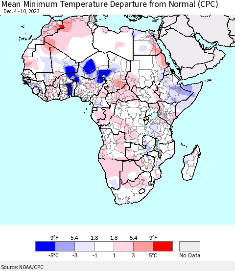 Africa Mean Minimum Temperature Departure from Normal (CPC) Thematic Map For 12/4/2023 - 12/10/2023