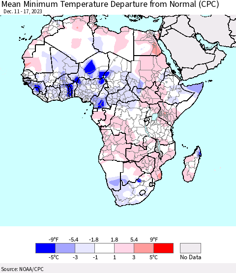 Africa Mean Minimum Temperature Departure from Normal (CPC) Thematic Map For 12/11/2023 - 12/17/2023