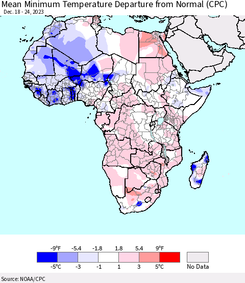 Africa Mean Minimum Temperature Departure from Normal (CPC) Thematic Map For 12/18/2023 - 12/24/2023