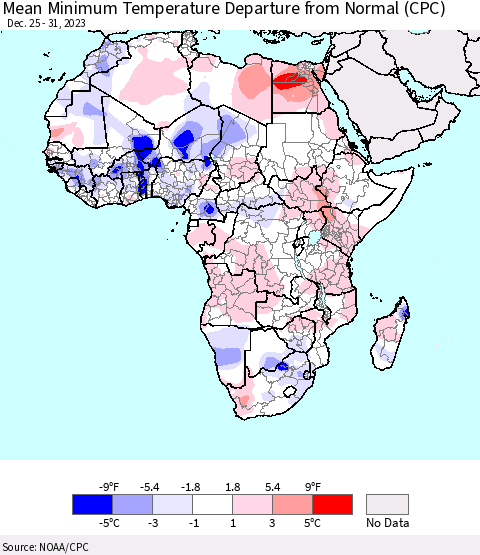 Africa Mean Minimum Temperature Departure from Normal (CPC) Thematic Map For 12/25/2023 - 12/31/2023