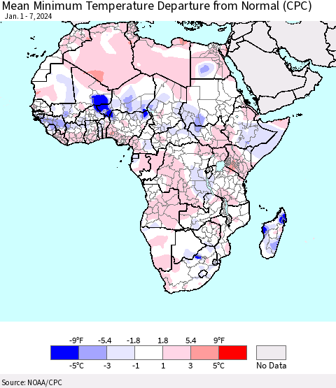 Africa Mean Minimum Temperature Departure from Normal (CPC) Thematic Map For 1/1/2024 - 1/7/2024