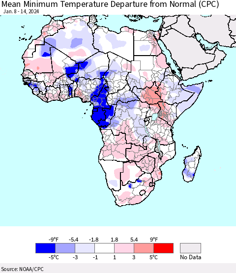 Africa Mean Minimum Temperature Departure from Normal (CPC) Thematic Map For 1/8/2024 - 1/14/2024