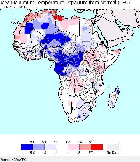 Africa Mean Minimum Temperature Departure from Normal (CPC) Thematic Map For 1/15/2024 - 1/21/2024