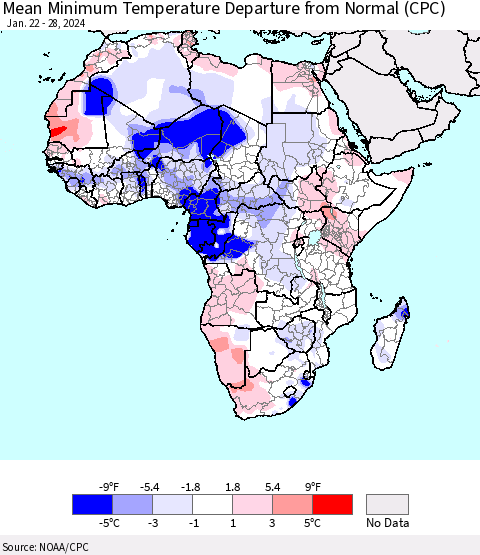 Africa Mean Minimum Temperature Departure from Normal (CPC) Thematic Map For 1/22/2024 - 1/28/2024