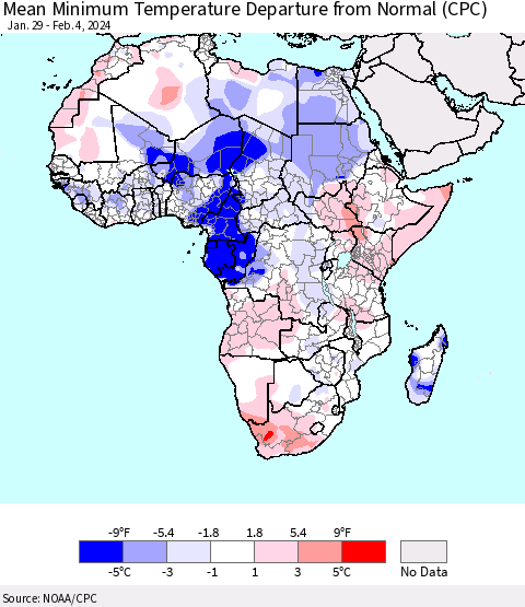 Africa Mean Minimum Temperature Departure from Normal (CPC) Thematic Map For 1/29/2024 - 2/4/2024