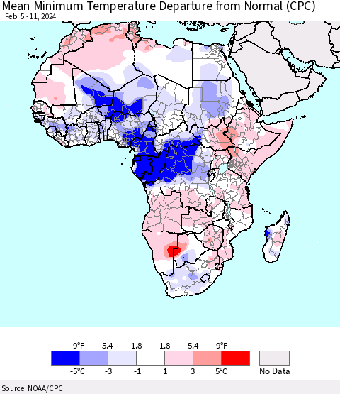Africa Mean Minimum Temperature Departure from Normal (CPC) Thematic Map For 2/5/2024 - 2/11/2024