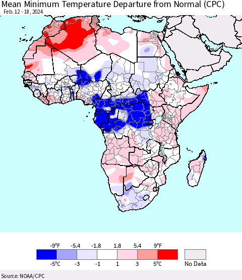 Africa Mean Minimum Temperature Departure from Normal (CPC) Thematic Map For 2/12/2024 - 2/18/2024