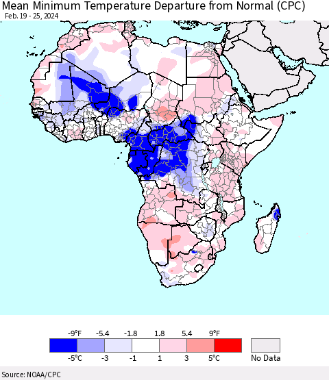 Africa Mean Minimum Temperature Departure from Normal (CPC) Thematic Map For 2/19/2024 - 2/25/2024