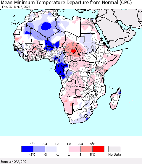 Africa Mean Minimum Temperature Departure from Normal (CPC) Thematic Map For 2/26/2024 - 3/3/2024