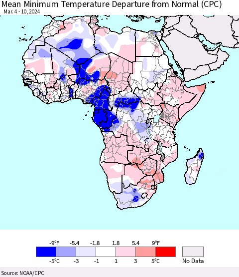 Africa Mean Minimum Temperature Departure from Normal (CPC) Thematic Map For 3/4/2024 - 3/10/2024