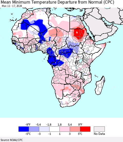 Africa Mean Minimum Temperature Departure from Normal (CPC) Thematic Map For 3/11/2024 - 3/17/2024