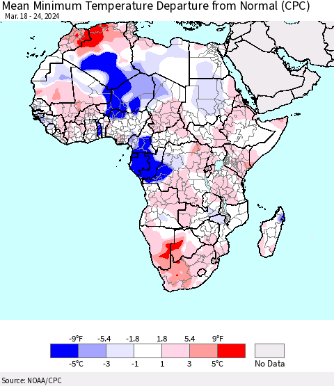 Africa Mean Minimum Temperature Departure from Normal (CPC) Thematic Map For 3/18/2024 - 3/24/2024