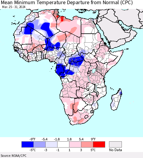 Africa Mean Minimum Temperature Departure from Normal (CPC) Thematic Map For 3/25/2024 - 3/31/2024