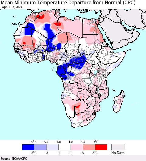 Africa Mean Minimum Temperature Departure from Normal (CPC) Thematic Map For 4/1/2024 - 4/7/2024