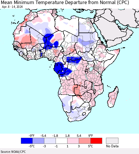 Africa Mean Minimum Temperature Departure from Normal (CPC) Thematic Map For 4/8/2024 - 4/14/2024