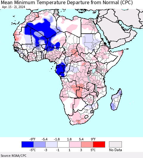 Africa Mean Minimum Temperature Departure from Normal (CPC) Thematic Map For 4/15/2024 - 4/21/2024
