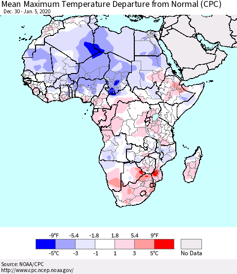 Africa Mean Maximum Temperature Departure from Normal (CPC) Thematic Map For 12/30/2019 - 1/5/2020
