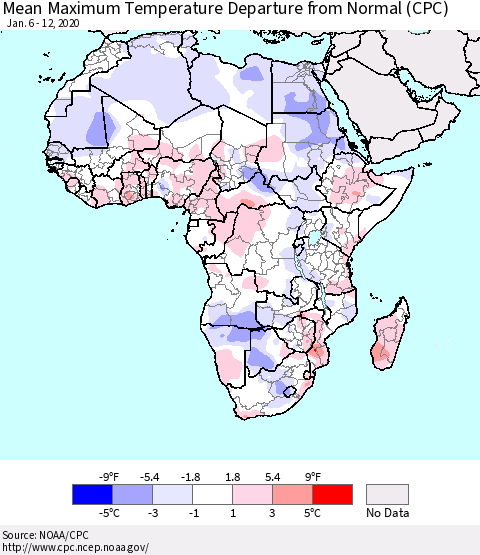 Africa Mean Maximum Temperature Departure from Normal (CPC) Thematic Map For 1/6/2020 - 1/12/2020