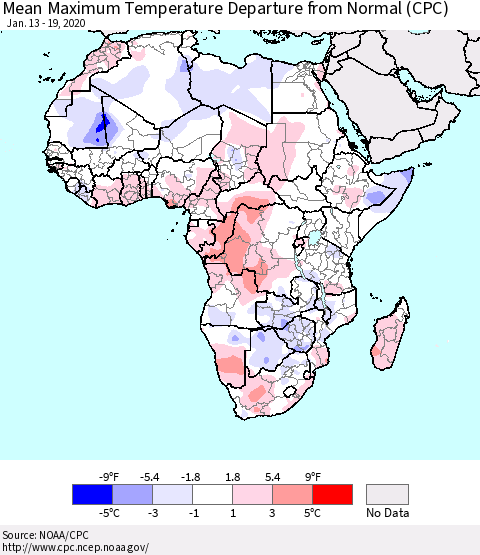 Africa Mean Maximum Temperature Departure from Normal (CPC) Thematic Map For 1/13/2020 - 1/19/2020