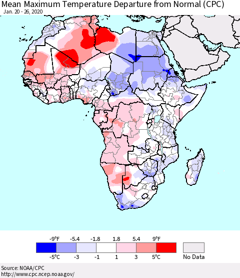 Africa Mean Maximum Temperature Departure from Normal (CPC) Thematic Map For 1/20/2020 - 1/26/2020