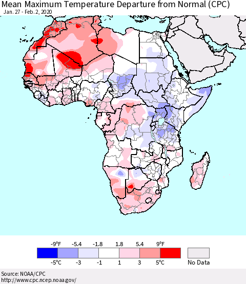 Africa Mean Maximum Temperature Departure from Normal (CPC) Thematic Map For 1/27/2020 - 2/2/2020
