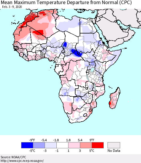 Africa Mean Maximum Temperature Departure from Normal (CPC) Thematic Map For 2/3/2020 - 2/9/2020